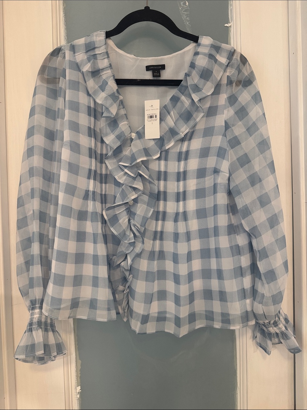 Ann Taylor Light Blue and White Gingham Ruffle Blouse
